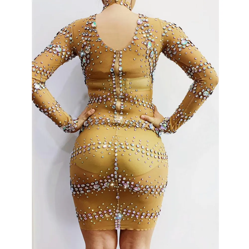 

Golden Rhinestone Long Sleeves Women's Skinny Mini Dress Nightclub Ds Pole Dance Costumes Banquet Party Female Fashion Clothes