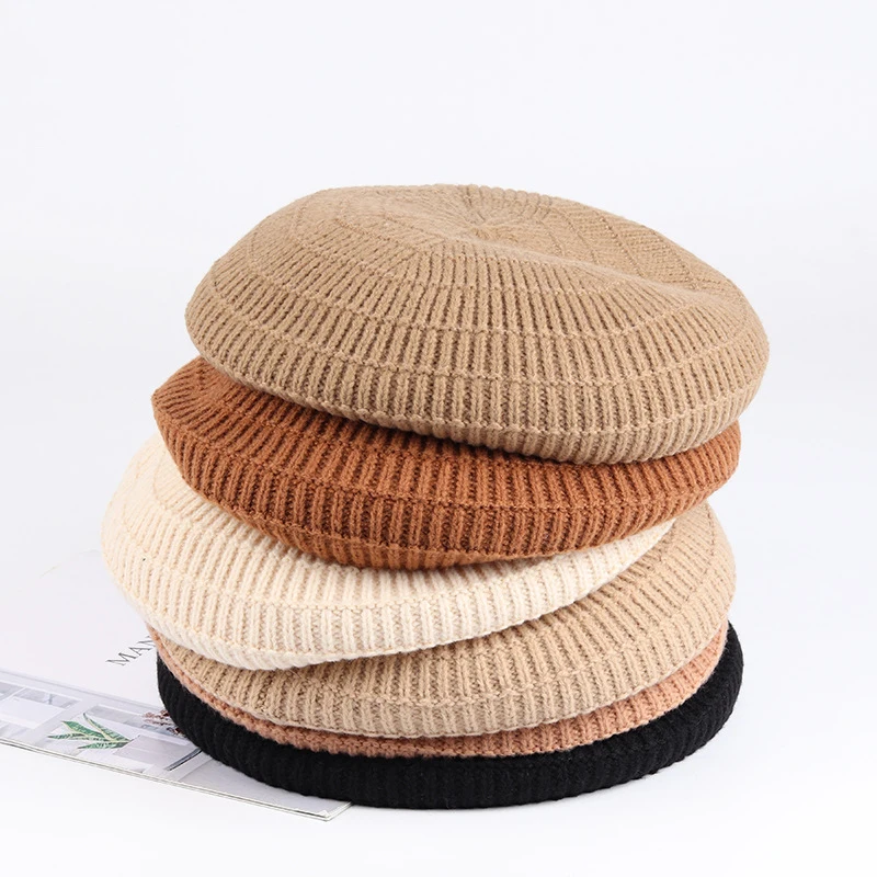 

Wool Knitted hat Winter Beret Solid Warm Women Beanies Cap Classical French Style Beret Femme Beanies Cap Ladies Fascinator Hat