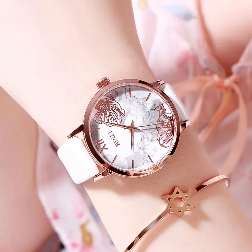 Женские наручные часы с цветами кожа розовое золото простые модные женские Reloj