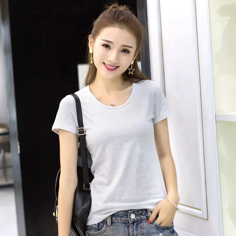 

2020 cotton round neck short-sleeved T-shirt solid color bottoming shirt women gray