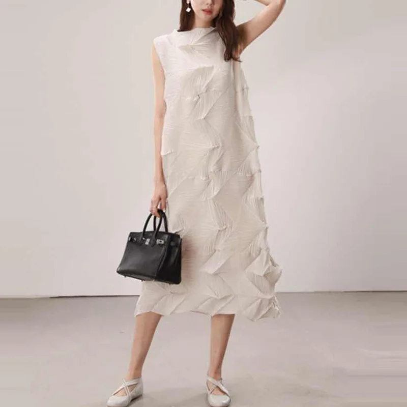 Женское плиссированное платье миаке без рукавов свободное однотонное до