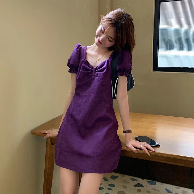 

Purple Puff Sleeve Dress Women's Summer 2021 New French Retro Design Tight Waist Small Short Skirt