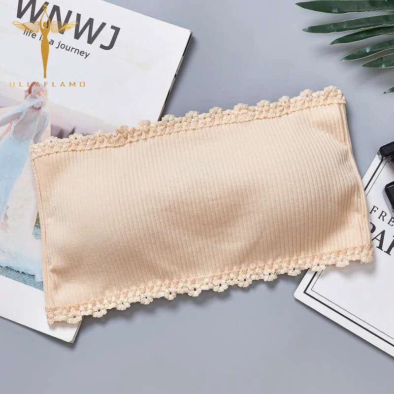 

Casual Ribbed Off-Shoulder Tube Top Women Elastic Skinny Cotton Bra Chest Padded Back Hide Button Underwear Female Crop Tops