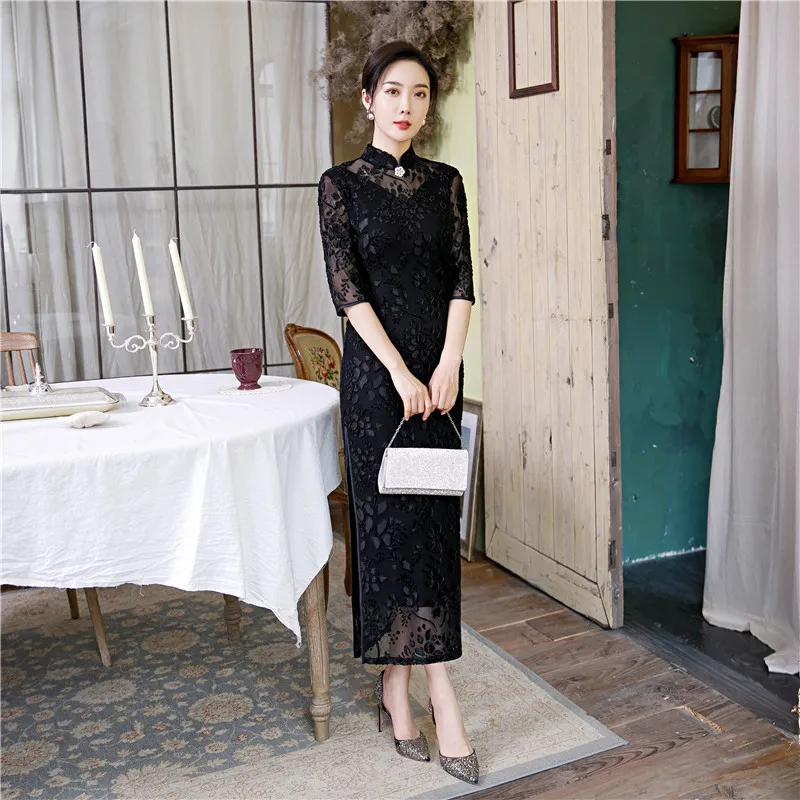 Длинное сексуальное Перспектива кружево женский Чонсам высокое Разделение 3/4 с