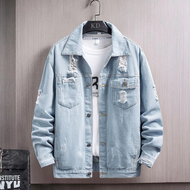 

Men Denim Jacket Streetwear Hip Hop Ripped Holes Jean Jackets Male Casual Outerwear 2021 New Autumn Winter Fashion Slim Fit Coat