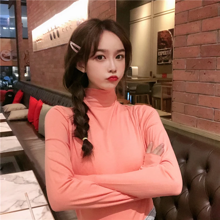 

XZ2725 2021 new high neck thin long sleeve T-shirt women