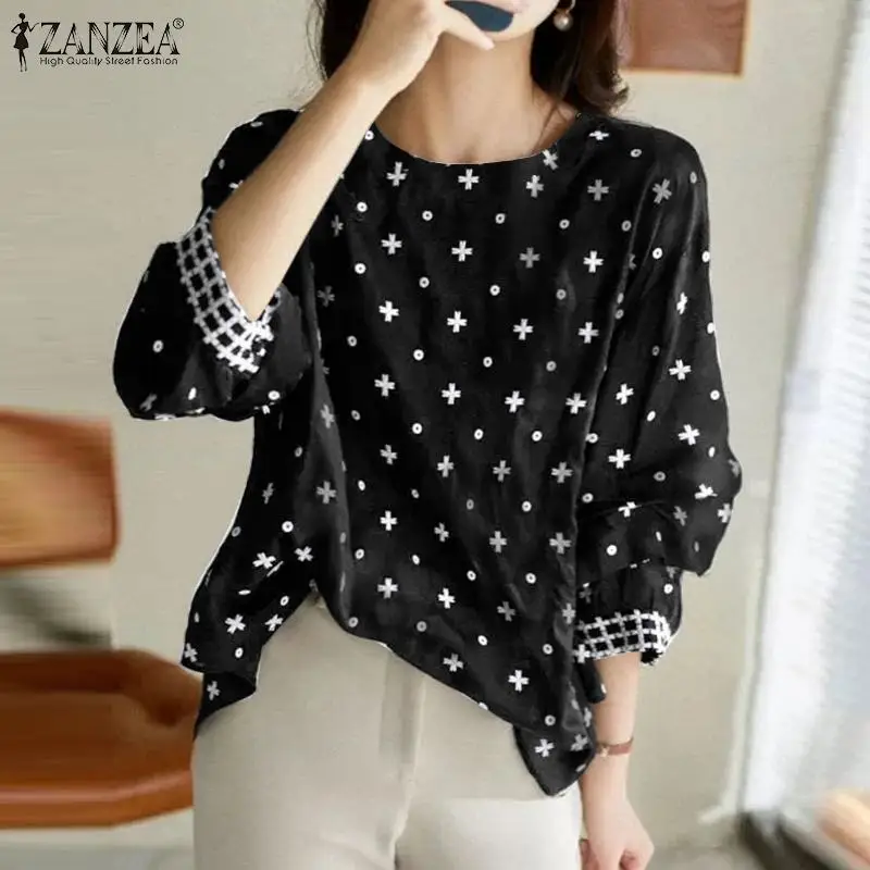 

Женская Повседневная рубашка ZANZEA 3/4 с пышными рукавами и цветочной вышивкой, осенняя богемная Праздничная блузка, элегантная праздвечерние...