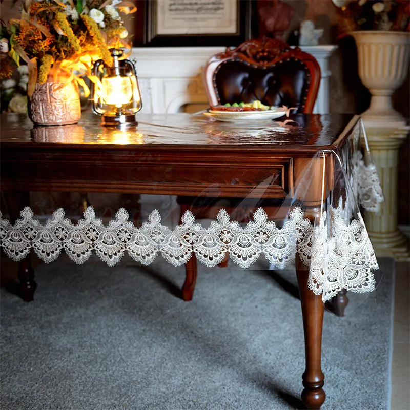 

Мягкая прозрачная Водонепроницаемая скатерть из ТПУ, прямоугольный кружевной чехол для обеденного стола с вышивкой для вечерние, кухни, за...