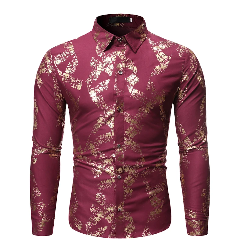 

Мужская приталенная рубашка с длинным рукавом, красная повседневная классическая рубашка с бронзовым принтом, для вечеринки, свадьбы, смок...