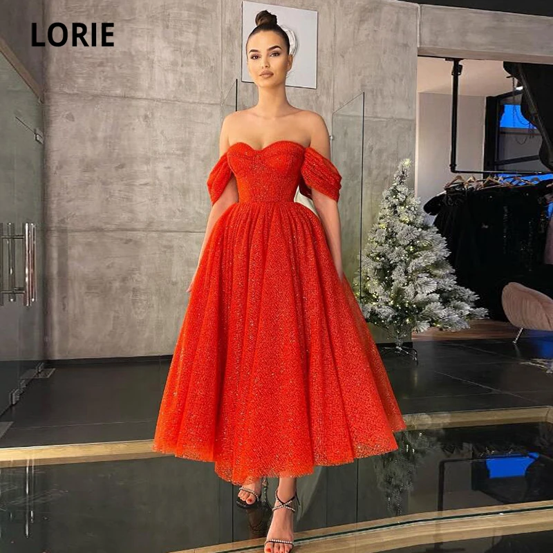 Lorie vestido de baile com glitter, vermelho fora do ombro, comprimento do chá, brilhante, celebridade, festa de casamento, formatura, para vestidos de fiesta (0)