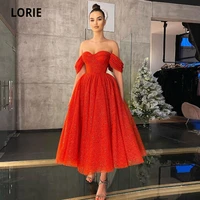 lorie glitter prom dress red off the shoulder tea length shiny celebrity wedding party dress for graduation vestidos de fiesta