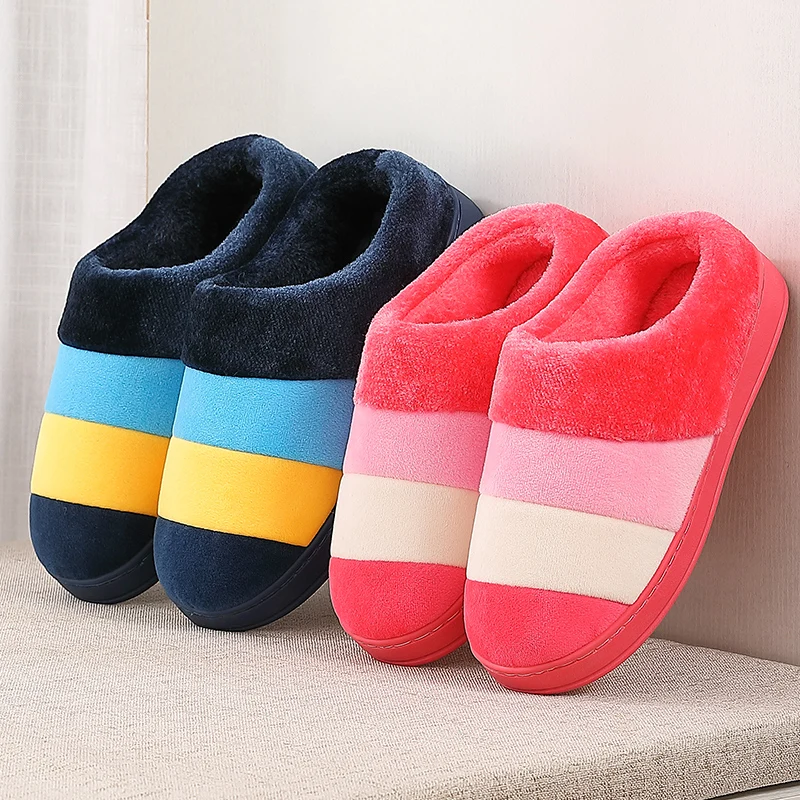 

Plus Size 40/50 Faux Fur Winter Shoes Women Men Indoor Slippers Soft Plush Slippers Patchwork Stripes Home Cotton Slides