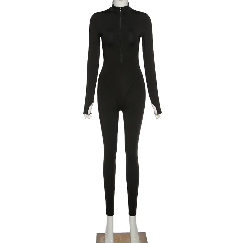 

BOOFEENAA Front Zip Long Sleeve Bodycon One Piece Jumpsuit Women Fall Winter Clothing 2020 Sport Fitness Outfits C87-CF35