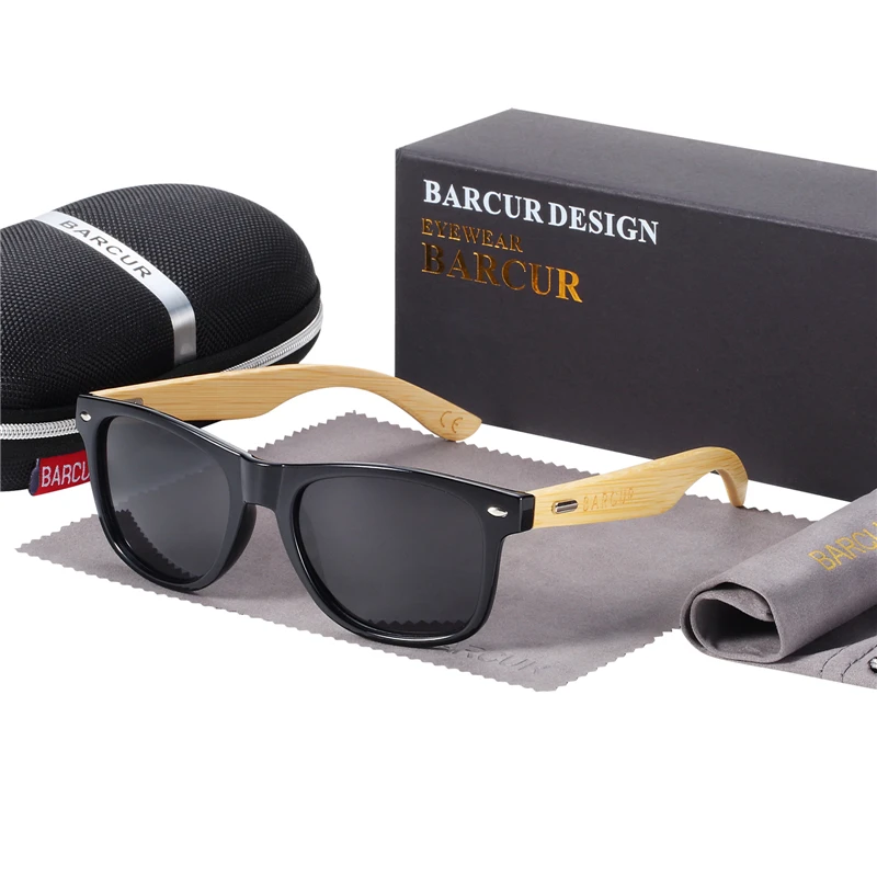 BARCUR Bamboo, мужские темные солнцезащитные очки, женские квадратные солнцезащитные очки, поляризационные деревянные очки ручной работы - Цвет линз: Matte Black