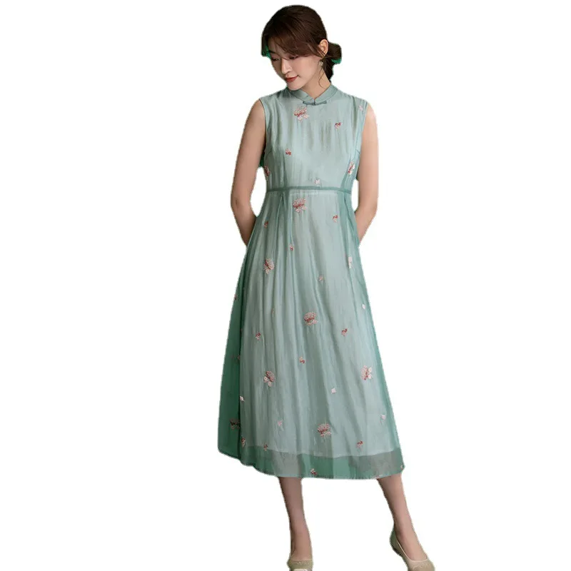 

Chinese style design women's 2021 summer sleeveless embroidery waist dress
