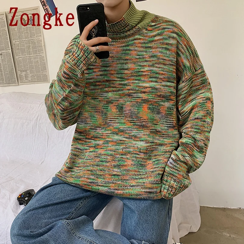 

Zongke Colored Striped Casual Turtleneck Men Sweater Pullover Men Clothing Korean Men Turtle Neck Winter Clothes 5XL 2021