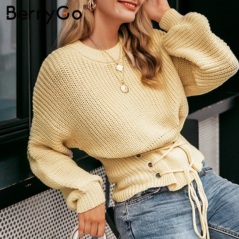 BerryGo Lace up waistband knitted pullover sweater Women black warm long sleeve jumper Autumn winter 2017 knitting pull femme | Женская