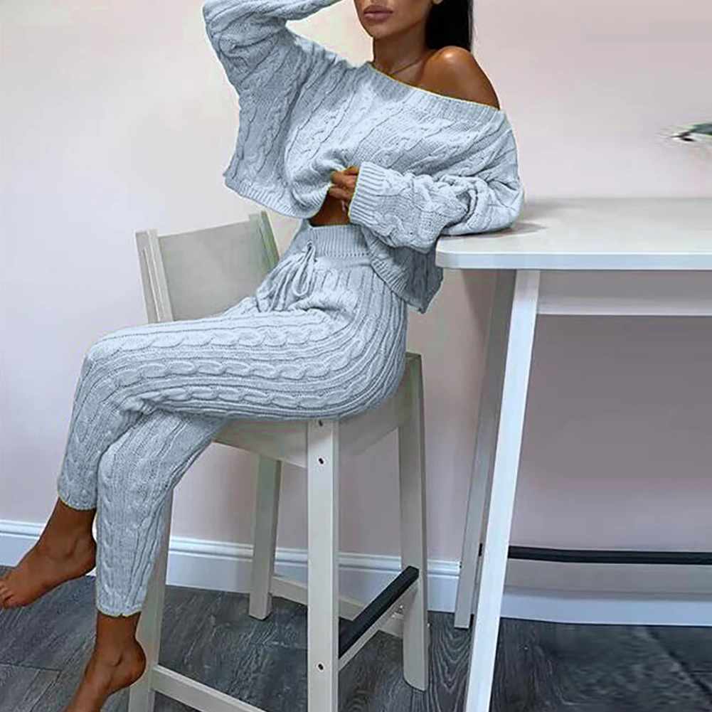 Women Autumn Winter Knitted O Neck Leisure Two Pieces Outfit Long Sleeve Sweater Jumpers Pants Set | Женская одежда