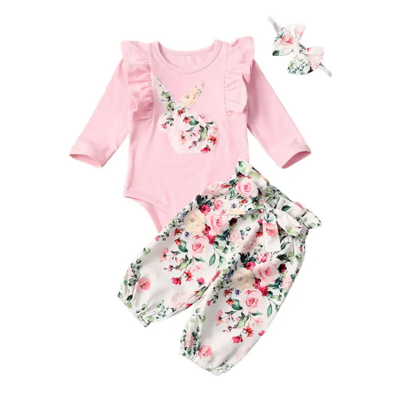 

Toddler Kids Baby Girl Outfits Clothes Romper Tops +Floral Pants 3PCS Set