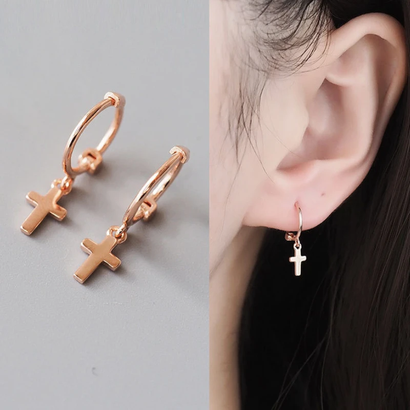 rose gold Возвращение в мир, вы с ушным кольцом, серьги, S925 чистое серебро, крест, мини-серьги, модные серьги - Gem Color: rose gold