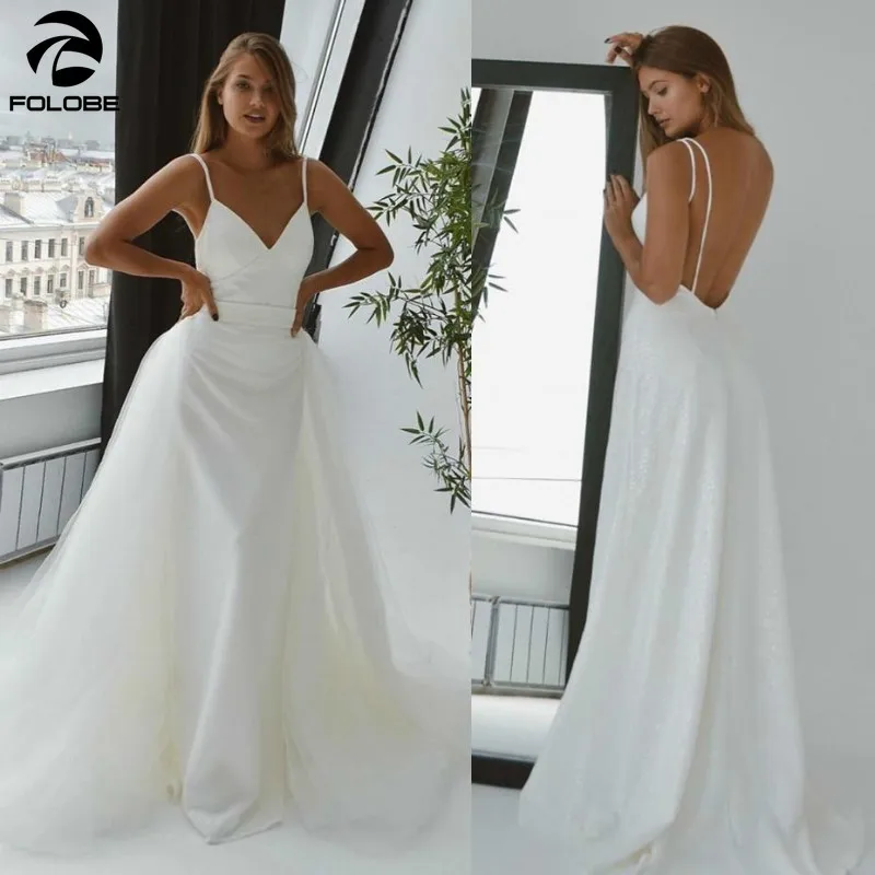 

2021 Sexy Mermaid Wedding Dresses With removable Tulle skirt Backless Spaghetti Straps Sequins Shiny Bridal Gowns Custom Made