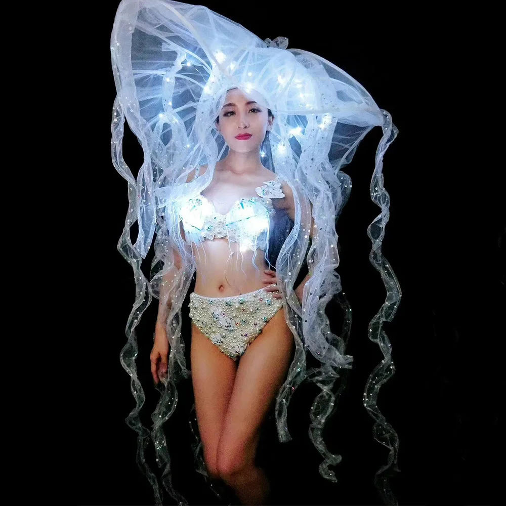 

Sequins Mesh Gauze Hat Pearl Rhinestones Appliques Bikini Sets Shiny Costume For Women Ladies Nightclub Performance Dance Wear