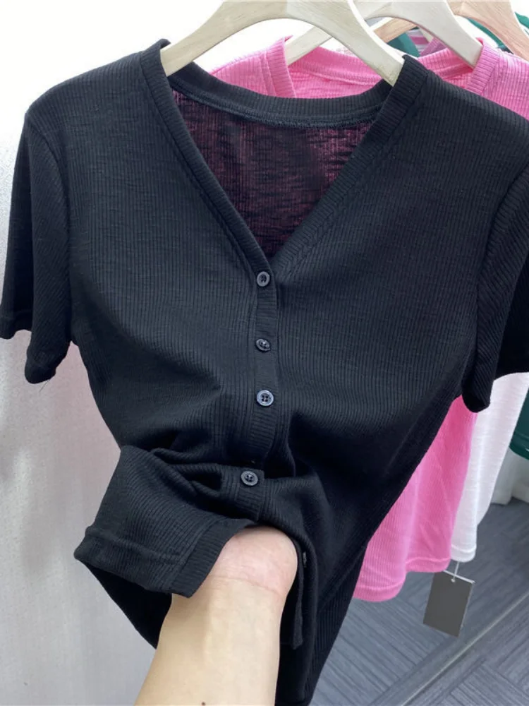 

Fashion Design Knitted Women T-Shirts Summer New 2021 V-Neck Solid Cotton Female Outwear Coats Tops