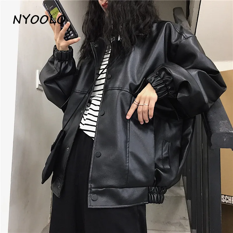 NYOOLO Autumn Winter street pockets motorcycle jacket Casual loose Covered Button PU leather Bomber jackets women men outerwear
