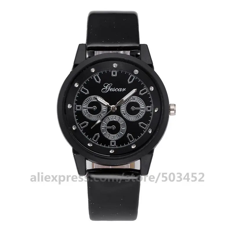 black black silver 100 шт./лот Gescar 8579 часы PU ремень кварцевые часы простые наручные часы для мужчин циркония весы Reloj из трех глаз - Цвет: black black silver