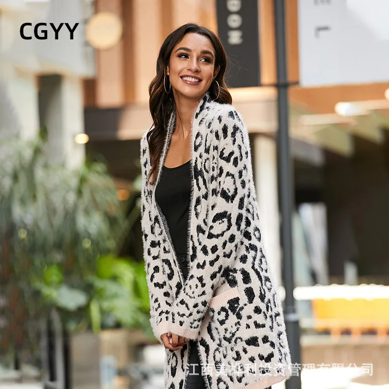 

2021 autumn and winter new ethnic style leopard print cardigan mid-length sweater women split knit jacket
