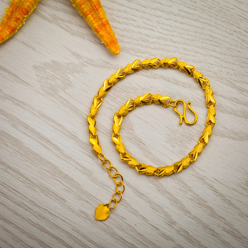 

New Arrival pure gold color Heart link Bracelet for women Wholesale Fashion Jewelry 24K yellow Gold Bracelet for Girls 16+4cm