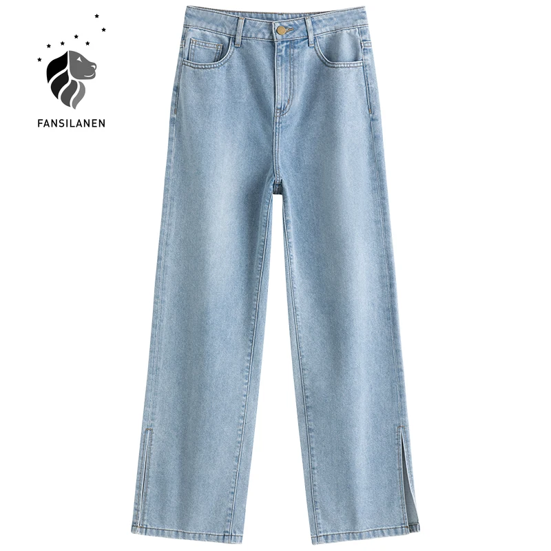 

FANSILANEN Casual side split wide leg jeans Women loose blue high waist jeans oversize Summer female vintage denim pants 2021