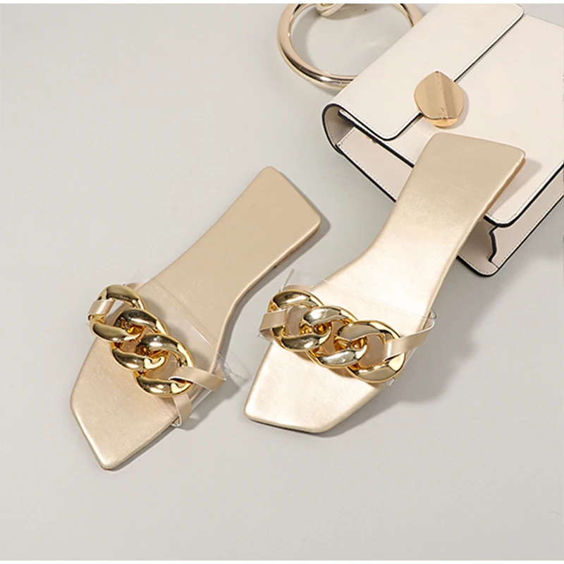 

2021 Summer Women's Slippers Flats Metal Chain Ladies Slides Square Toe Plus Size Woman Beach Slipper Slip On Female Footwear