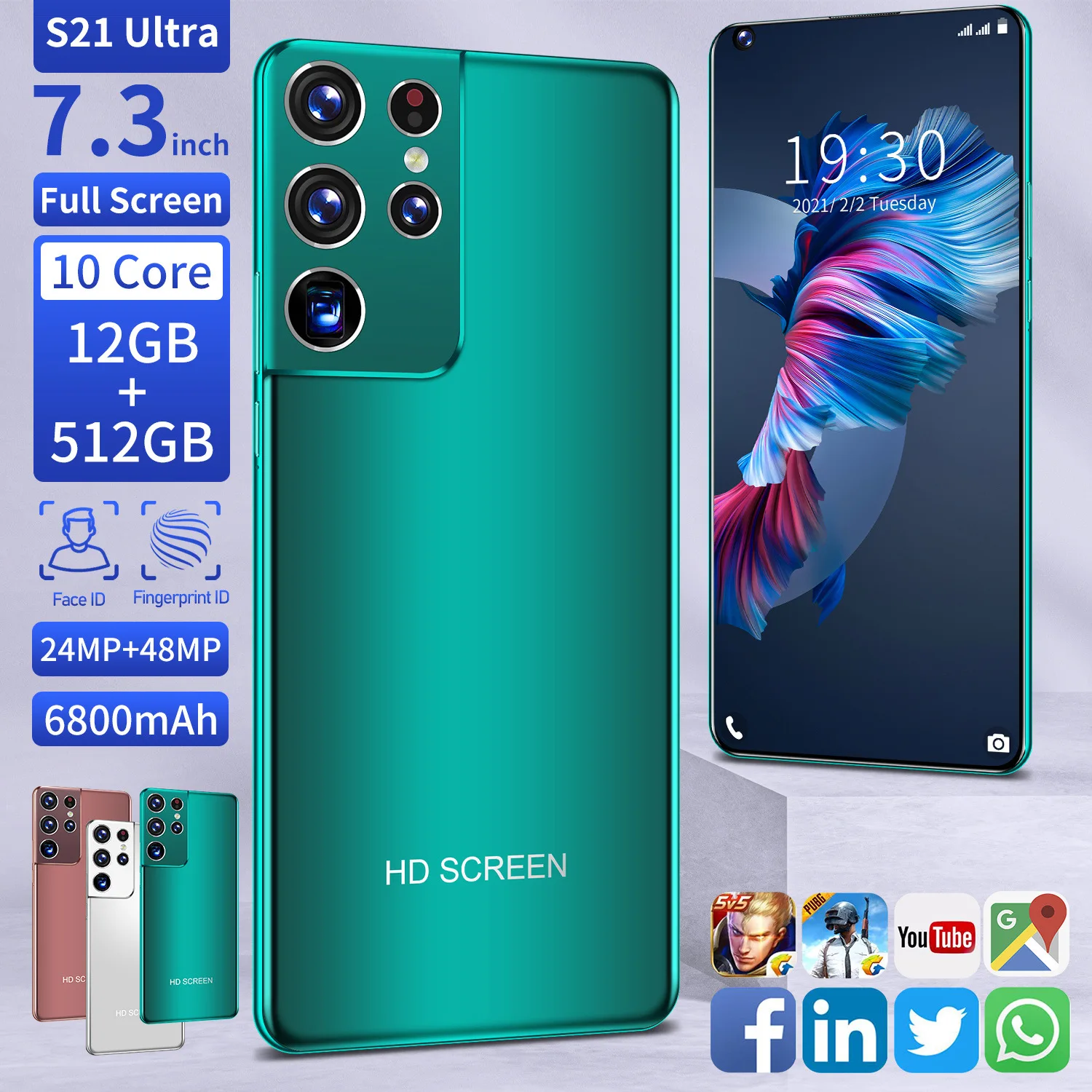 

Cross-border mobile phone S21Ultra 12gb+512gb 7.3 inch large screen smartphone