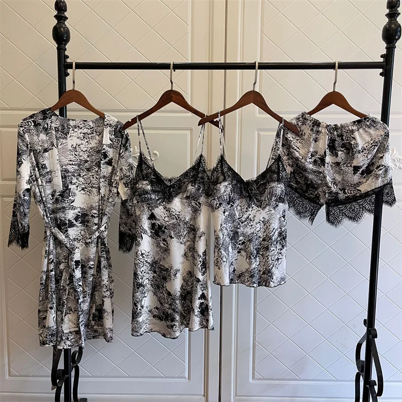 

Satin Print 4PCS Sleepwear Women Pajamas Set Sexy Lace Robe Suit V-neck Kimono Gown Femme Sleep Set Casual Home Clothes
