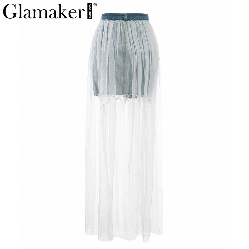 Glamaker, сетчатая прозрачная Джинсовая юбка в стиле пэчворк, сексуальная летняя белая юбка на пуговицах с высокой талией, женская уличная джинсовая юбка на пуговицах