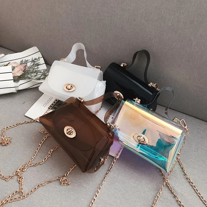 New Fashion Personality Wild Transparent Jelly Chain Shoulder Slung Small Square Bag |