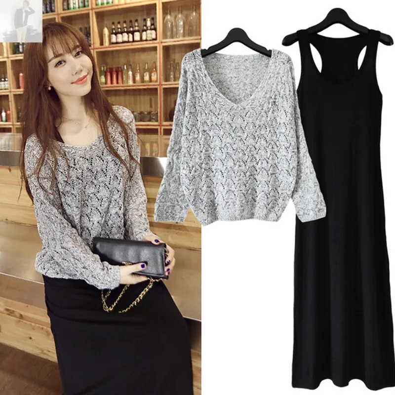 

JSXDHK Summer Autumn Women two piece set Casual Hollow Out Solid V-neck Tops + Sling Dresses Ankle-length Suit Set 2 Piece Set