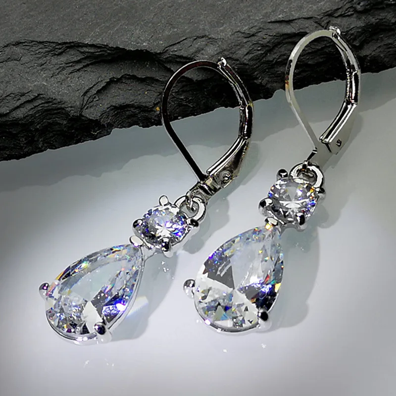 

Trendy Female White Crystal Stone Earrings Dainty Silver Color Clip Earrings For Women Charm Bride Round Zircon Wedding Earrings