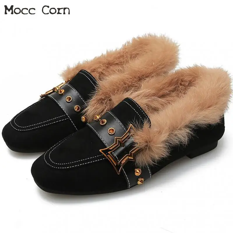Большие размеры Плюшевые мокасины Женская теплая обувь на меху плоской подошве