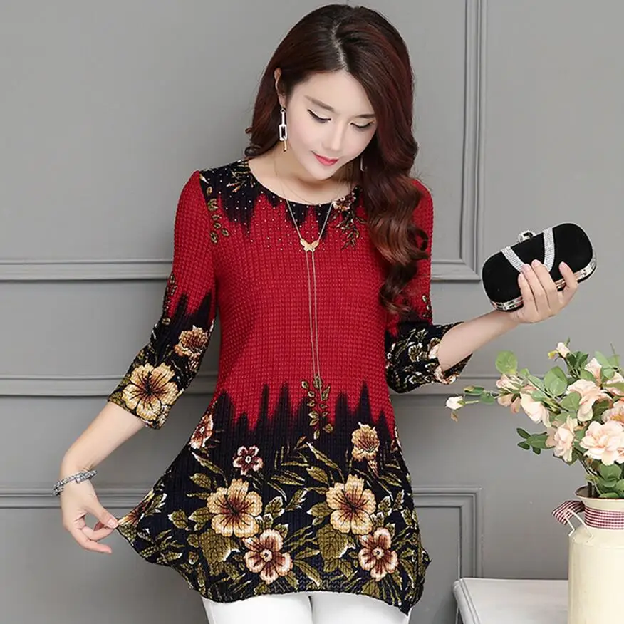 Женские блузки винтажная трикотажная длинная рубашка с принтом повседневные