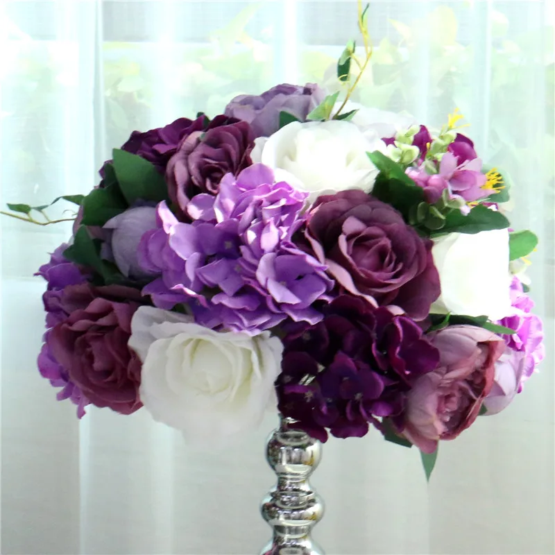 Purple white Изготовленный На Заказ 35/45 см Роза Пион искусственный цветок мяч Центральные Декора свадьбы фон Свадебный стол в виде цветочного шара цветов+ ваза-подсвечник - Цвет: Purple white