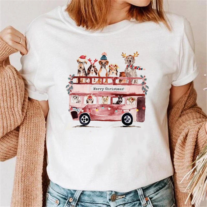 

Women 2022 Trend Style Cute Print Clothes New Year Holiday Tshirt Top Happy Merry Christmas Cartoon Graphic Female Tee T-shirt