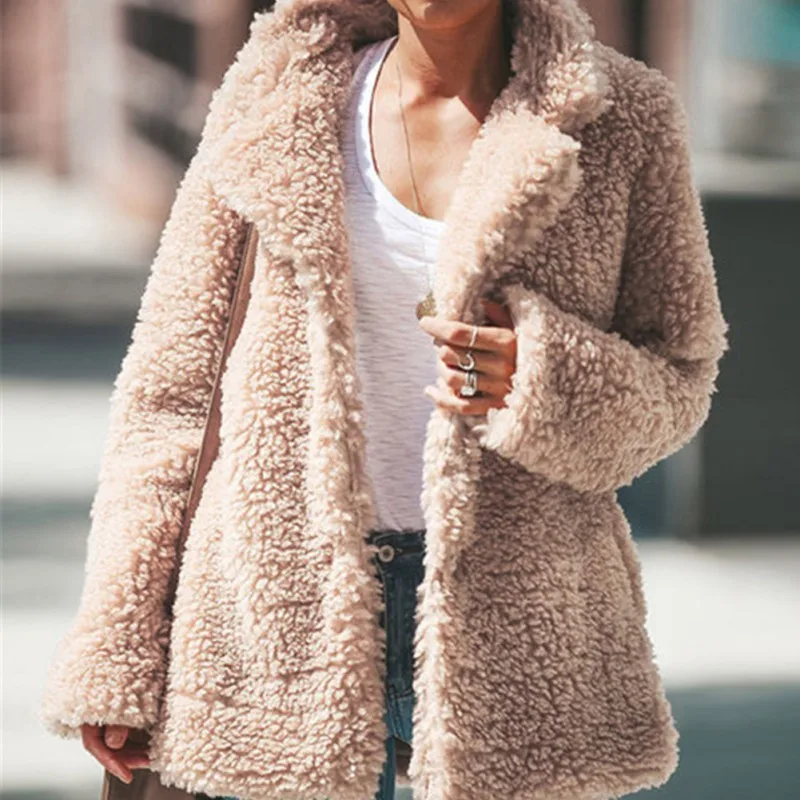 

Women Winter Lapel Casual Pocket Long Sleeve Warm Cashmere Wool Coat Autumn Winter Loose coat