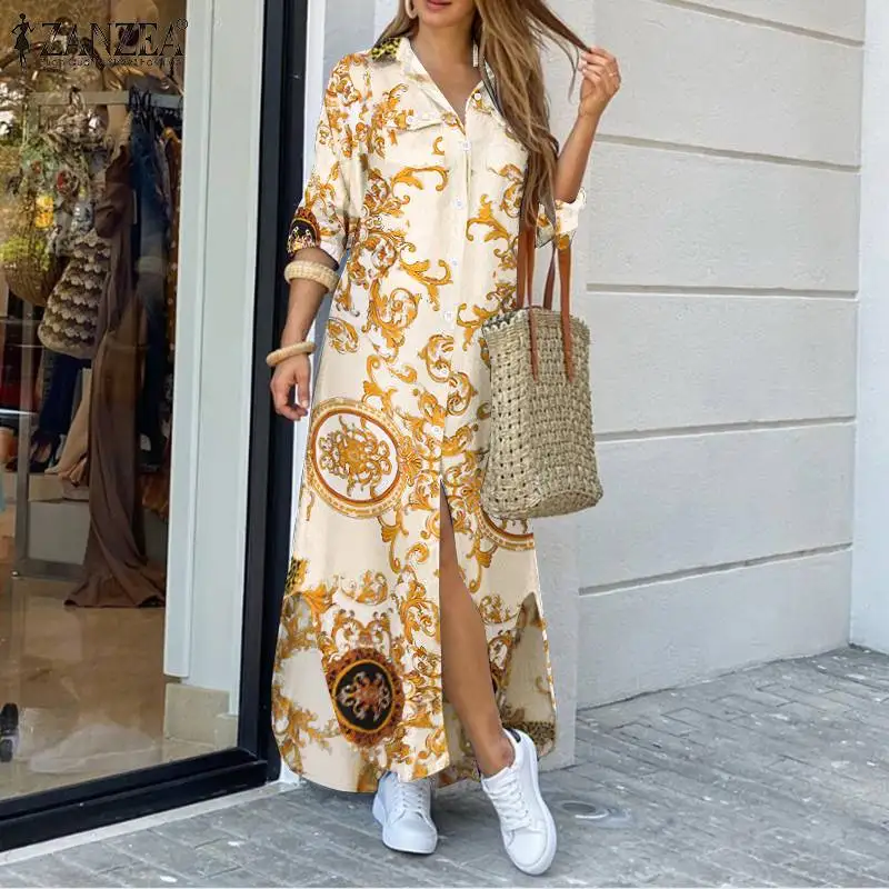 Женское Модное Длинное Платье Макси ZANZEA с цветочным принтом длинное праздничное