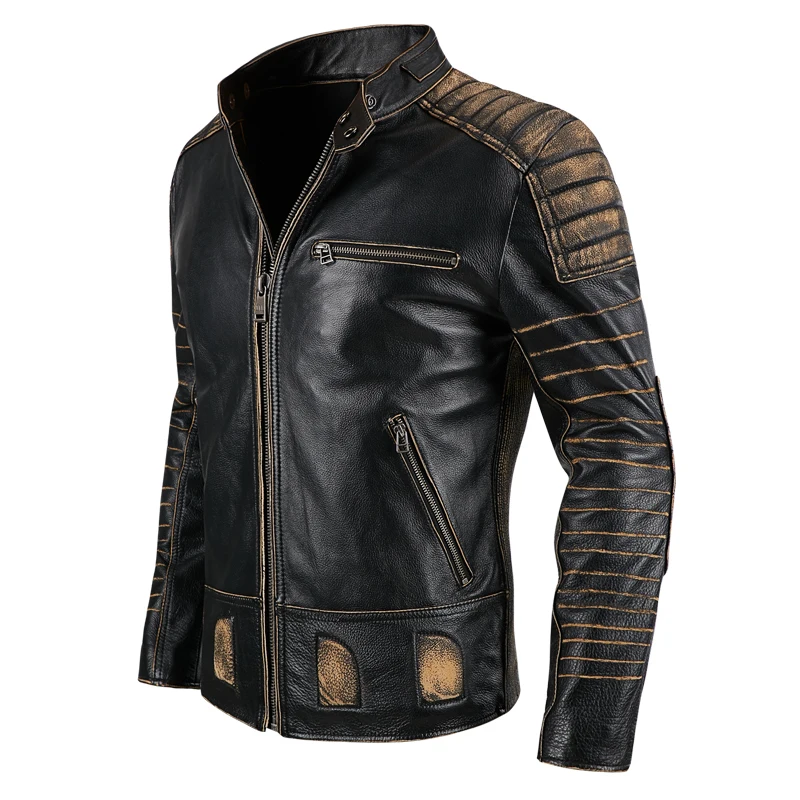 

2020 в винтажном стиле; Цвет Черный; Мужские американские мотоциклетная кожаная куртка размера плюс 5XL Натуральная Воловья кожа Весенняя прит...