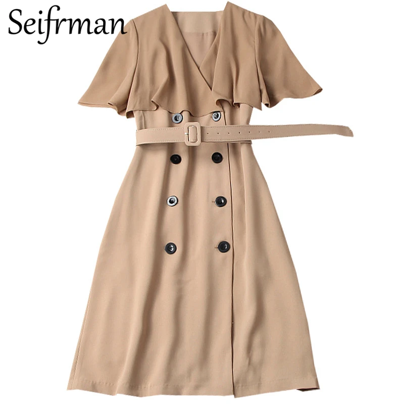 

Seifrmann New 2021 Summer Women Fashion Runway Party Midi Dress Batwing Sleeve Sashes Double Breasted Chiffon Patchwork Dresses