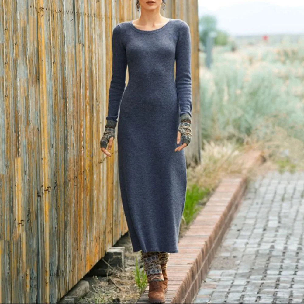

Western Style Casual Womens Dress 2021 Autumn Winter New Women's Round Neck Long Sleeve Fashion Temperament Knitting Dress