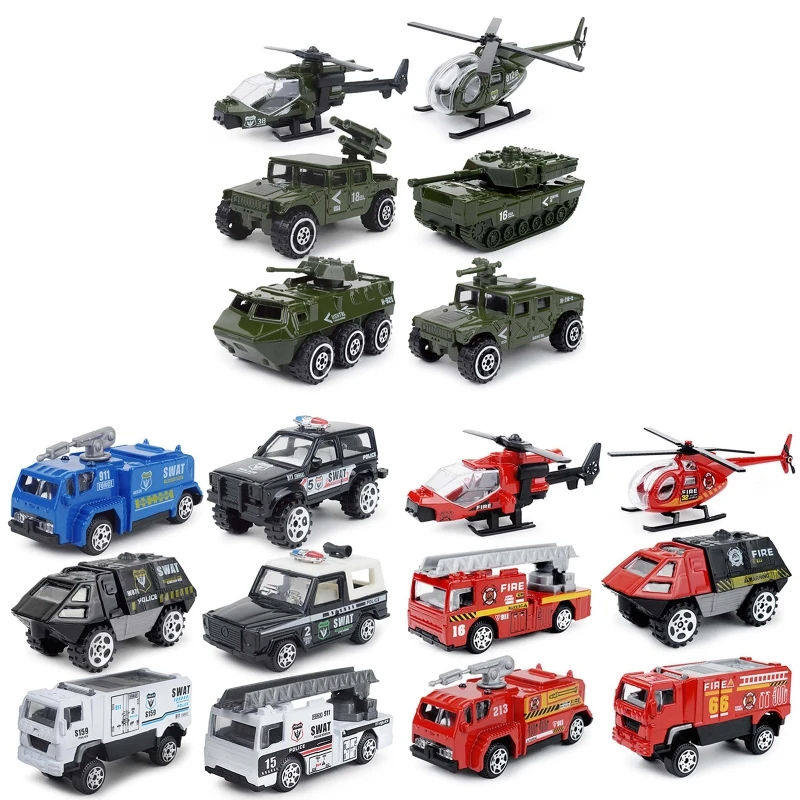 6Pcs/Set 1:87 Scale Mini Fire Fighting Truck Military Helicopter SWAT Vehicle Zinc Alloy Sliding Car Model Child Toy Kids Gift
