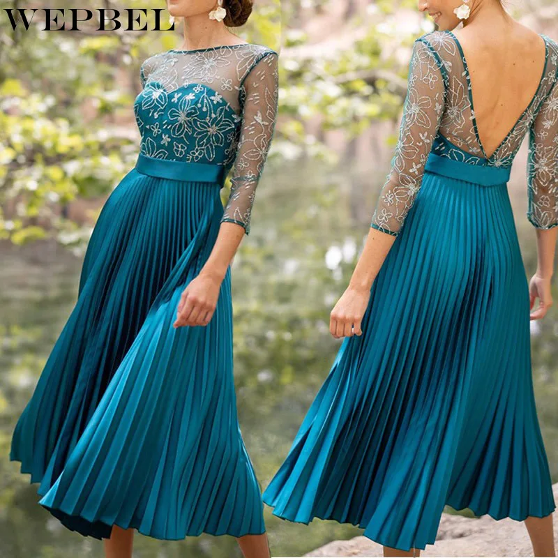 

WEPBEL Dress Autumn Sexy Mesh See-through Lace Stitching Dress Women's O-Neck Backless Three Quarter Sleeve Pleated Dress